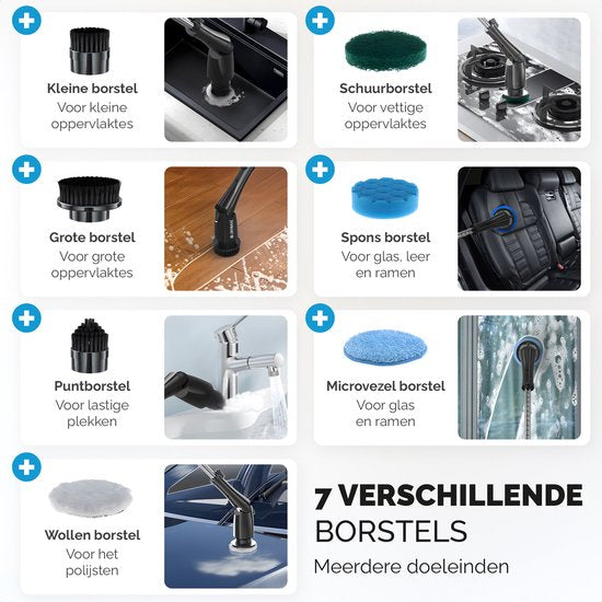 Joyware Elektrische Reinigungsbürste Pro – Scheuerbürste – Scheuerbürste mit Stiel – Scheuermaschine – Reinigungsmaschine – Schwarz – 7 Aufsätze