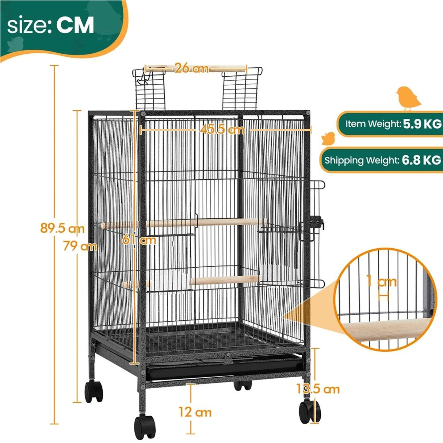 Yaheetech Vogelkäfig mit offenem Dach - 45,5 x 45,5 x 79 cm - Mit abnehmbaren Rädern und ausziehbarer unterer Schublade und gehämmerter Pulverbeschichtung - Für Wellensittiche und Kanarienvögel - Schwarzes Metall und Holz