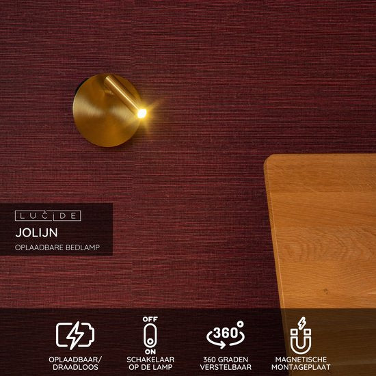 Lucide JOLIJN – Wiederaufladbare Nachttischlampe / Wandleuchte – Akku/Batterie – Ø 10,2 cm – LED – 1x2 W, 3000 K – magnetisch – Mattgold / Messing