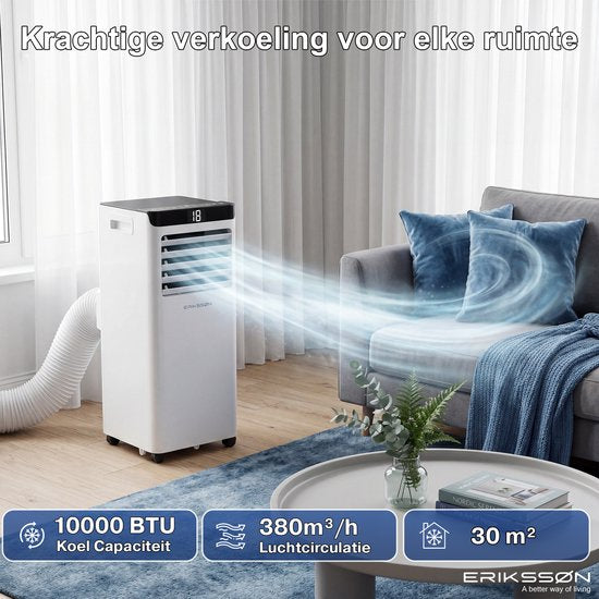 Erikssøn Mobile Klimaanlage – 10.000 BTU – inkl. Fensterdichtungsset – bis zu 30 m² – 4-in-1 – Klimaanlage – Ventilator – Luftentfeuchter – Weiß