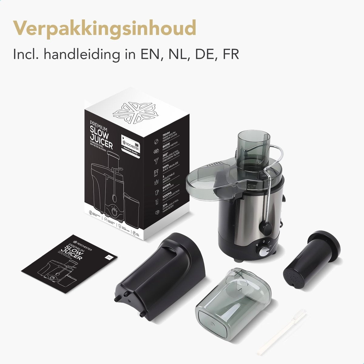 Rochester - Entsafter für Obst und Gemüse - mit Mikrofilter - Große Einfüllöffnung - 3 Geschwindigkeiten - Schwarz/RVS