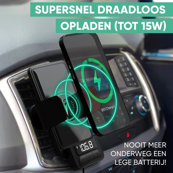 Serve 3in1 Bluetooth FM Transmitter, Telefonhalterung Auto & drahtloses Schnellladegerät 15W - Car Kit für Musik - Telefonhalterungen Autozubehör - berührungsloses Autoladegerät - Lüftungshalterung