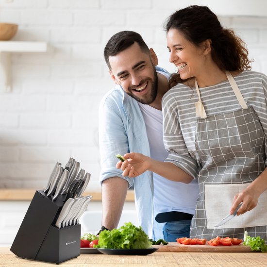 KitchenBrothers Messerset - Messerblock - 16-teilig - mit Schere und Wetzstahl - Silber/Edelstahl