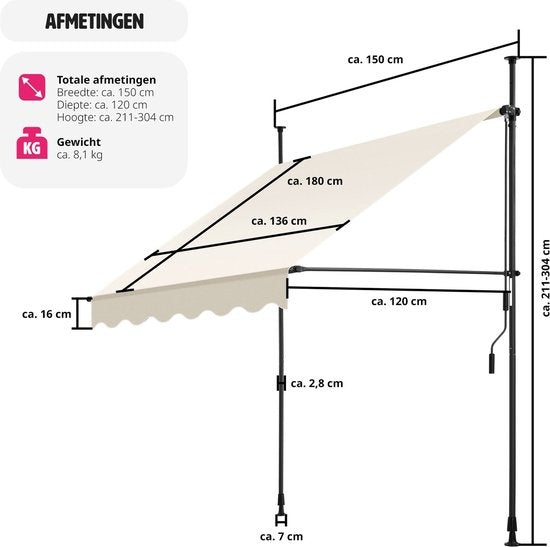 tectake - Klemmmarkise - Sonnenschirm - Verstellbar - Klemmmarkise - Sonnenschirm Balkon - 150 x 180 cm - beige - Markise - 404954