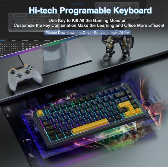 AULA F75 – Kabellose Gaming-Tastatur – Mechanisch – Gasket – Hot-Swap – QWERTY-Tastaturen – Tri-Mode – 80 Tasten – Donnerschwarz