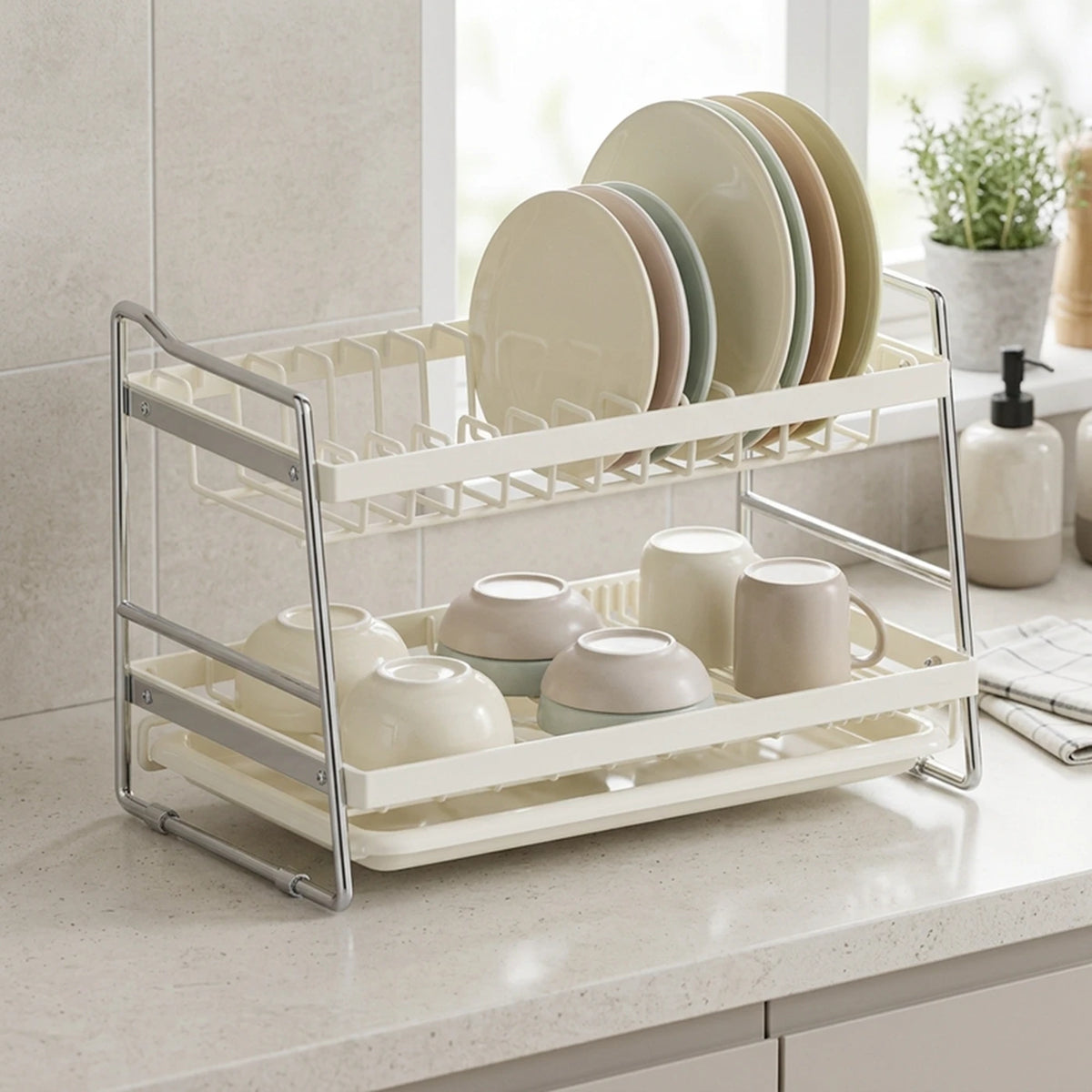 Maxcook Abtropfgestell, 2-stöckig – mit Auffangschale – 40 x 23,6 x 28,7 cm – Weiß