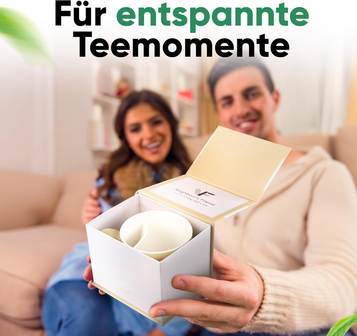 Neighbour's Friend Patentierte Teetasse beige Geschenk Box I Keramik Tasse groß 325ml I Teebecher Steingut I Keramiktasse für Tee I Spülmaschinengeeignet Teetassen I Modernes Design für Teetrinker
