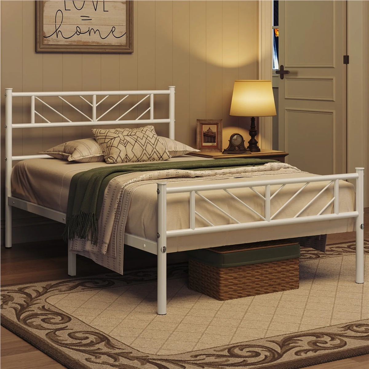Yaheetech Metall-Bettgestell 90 x 190 cm – 196,5 x 96 x 88,5 cm – Weiß – 32 cm hoch – mit Kopfteil