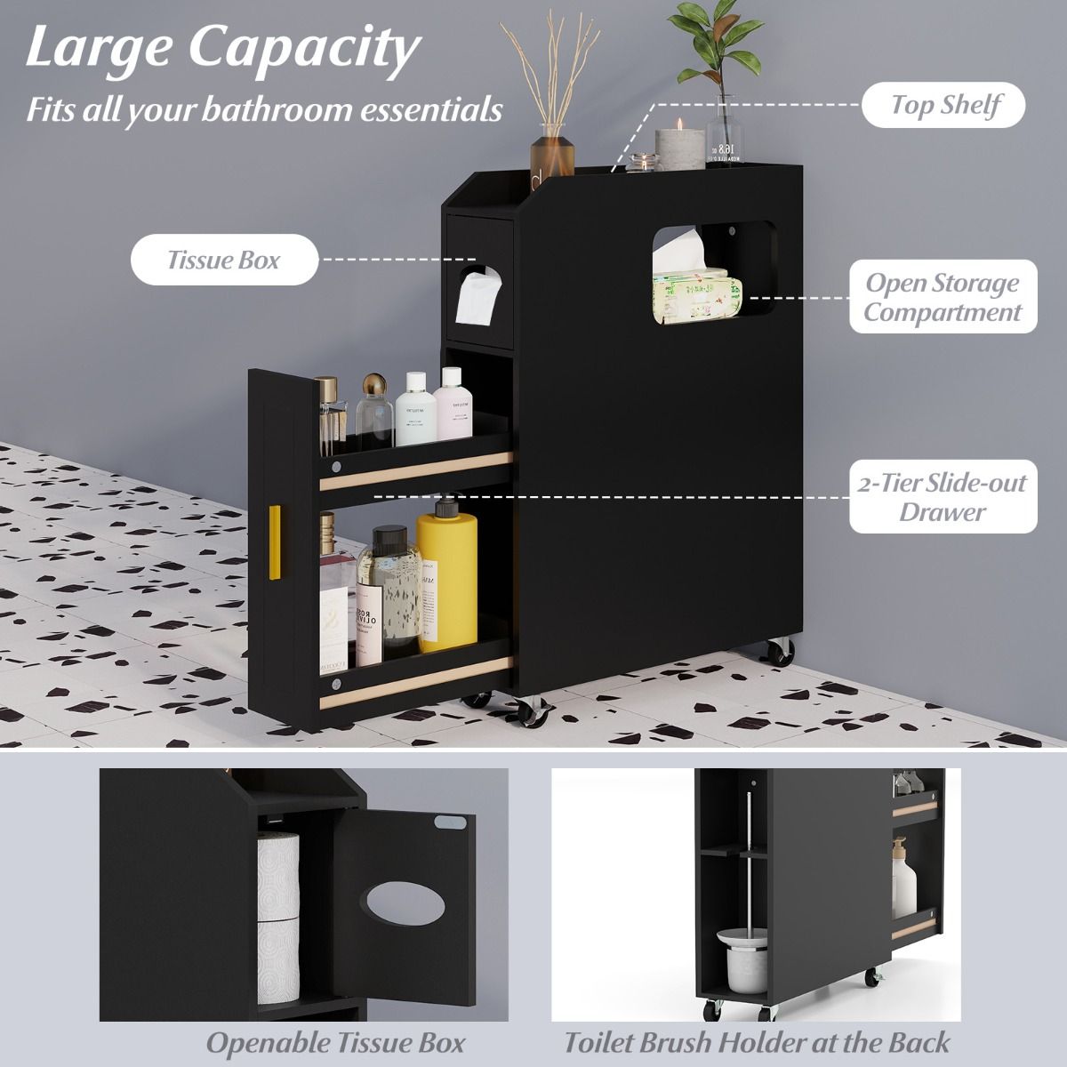 Coast Schmaler Badezimmerschrank mit ausziehbarer Schublade und Toilettenbürstenhalter – 50 x 16 x 69 cm – Schwarz