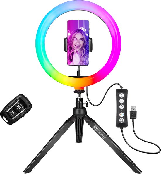 Studio ME Mehrfarbige Ringlampe mit Stativ - 10 Zoll/25 cm - RGB-Lampe - Ringlicht mit Stativ - Bluetooth - Telefonhalterung - Fernbedienung - USB - TikTok Lampe - Ringlicht