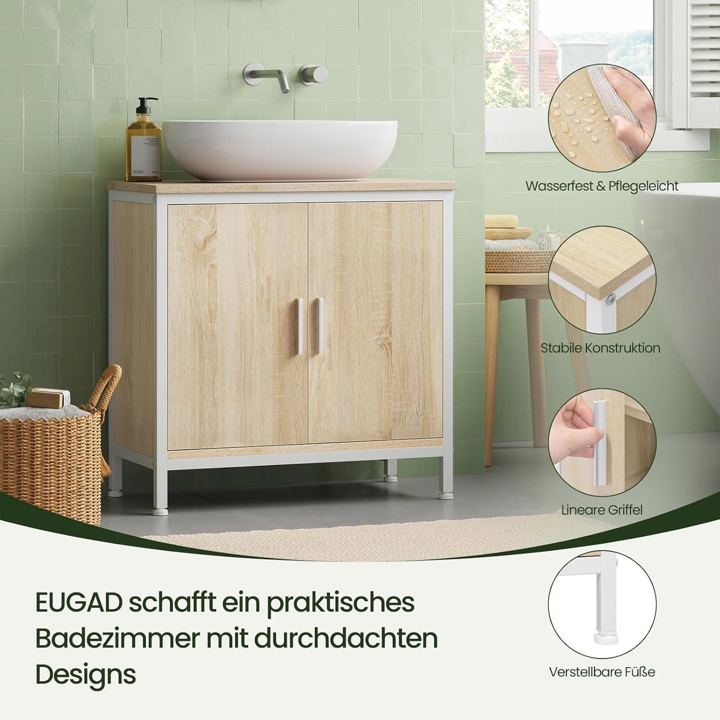 EUGAD Waschtischunterschrank – 60 x 60 x 30 cm – weiß und helle Eiche – mit verstellbarer Trennwand