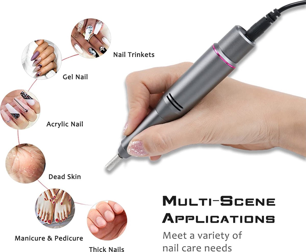 Fuegobird Elektrische Nagelfeile - Professionelle Maniküre & Pediküre Set - Kabellos - 30,000 RPM - 15 x 3.5 cm - Grau