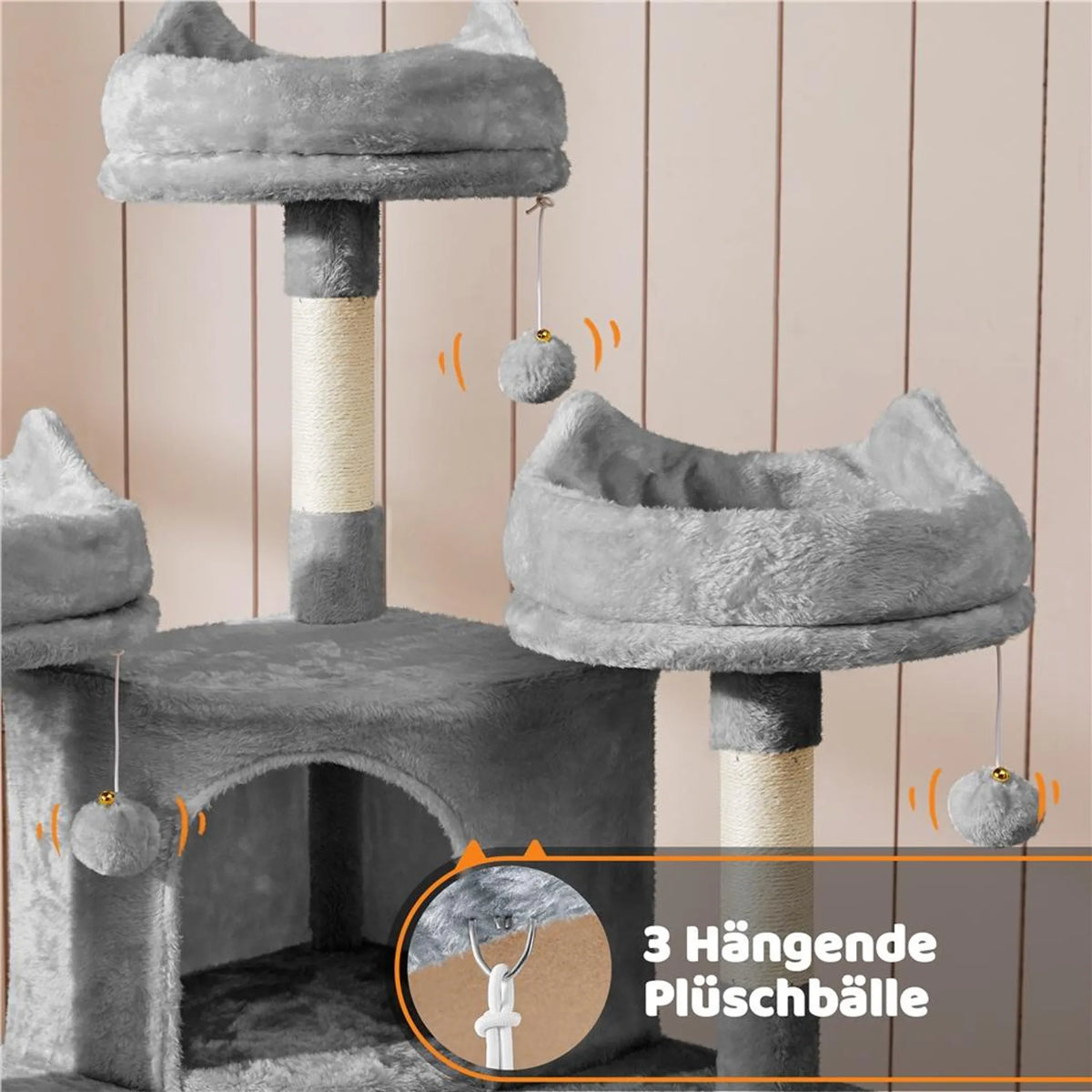 Yaheetech Katzenpfosten XXL mit 3 Aussichtsplattformen - Ausgestattet mit 2 Katzenhöhlen und Kratzbrett und Anti-Kipp-System - Für Haushalte mit mehreren Katzen - Hellgrauer Plüsch und Sisal - 55,5 x 55,5 x 175 cm
