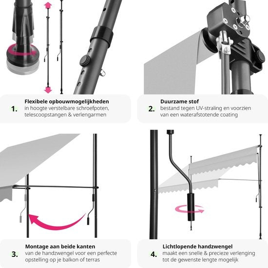 tectake - Klemmmarkise - Sonnenschirm - Markise - Verstellbar - Klemmmarkise - Sonnenschirm Balkon - 300 x 180 cm - hellgrau - Markise - 404963