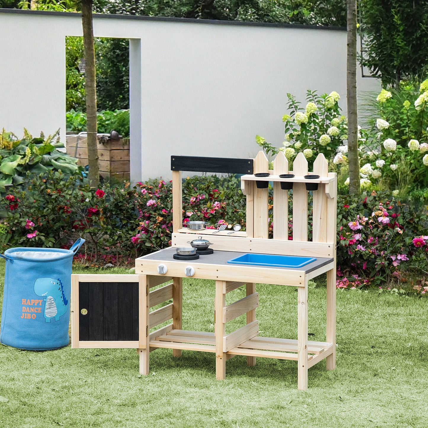 HOMCOM Kinderküche - Komplette Spielküchenzeile mit Zubehör - Grau/Schwarz - 82 x 30 x 85 cm