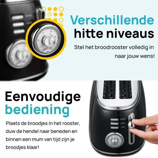 MOA Retro Toaster XL - 6 Heizstufen - 4 Sandwiches gleichzeitig - 1500W - Aufwärm- und Auftaufunktion - Schwarz
