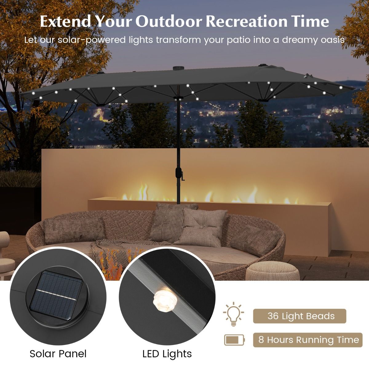 Coast Doppel-Gartenschirm mit solarbetriebenem LED-Licht – 400 x 200 cm – Grau