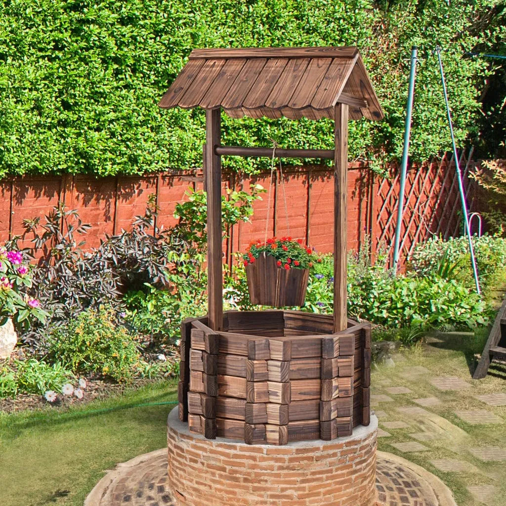 Coast Gartenbrunnen - Mit Holzbrunnen, Eimer und Blumentopf mit Dach - Rustikales Design - 43 x 39 x 72 cm - Braun