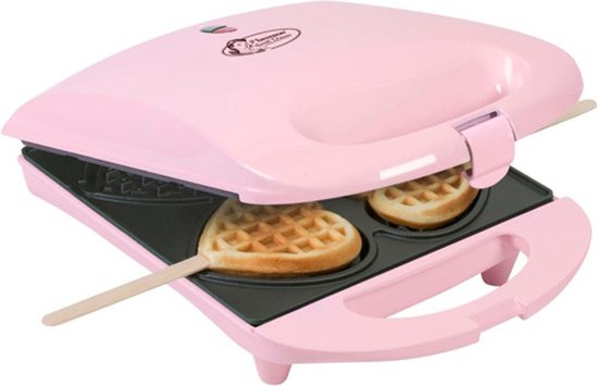 Bestron Waffeleisen – DSW271P – 1400 W – 4 Mini-Waffeln in Herzform – inkl. 20 Holzstäbchen – Rosa