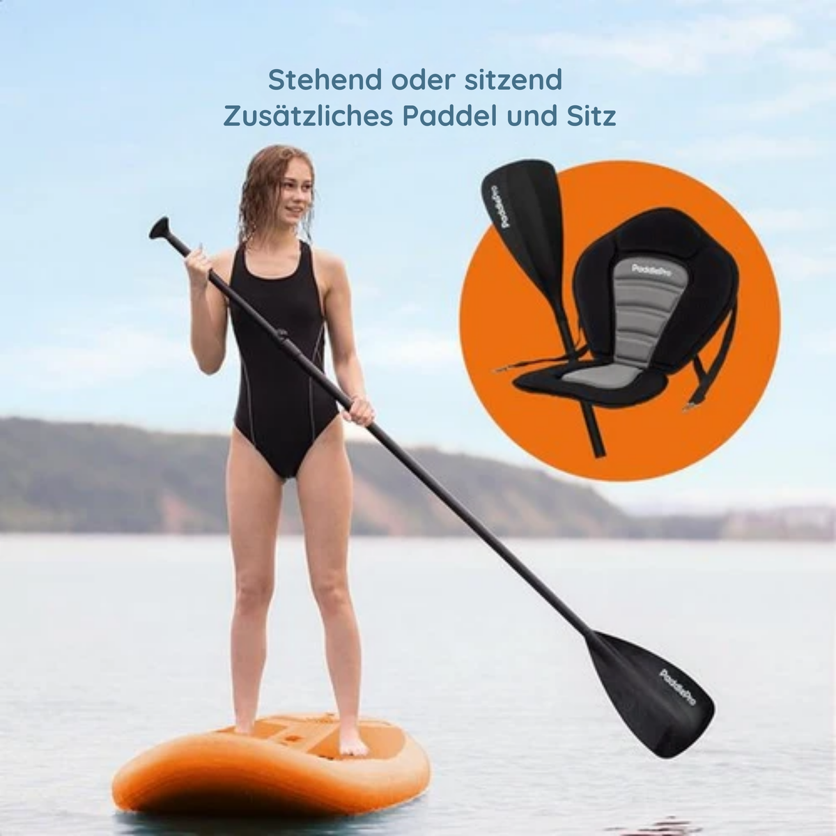 LifeGoods SUP Board - Deluxe Set - Mit Sitz - Aufblasbares Paddle Board - Max. 135KG - 320x81cm - Orange