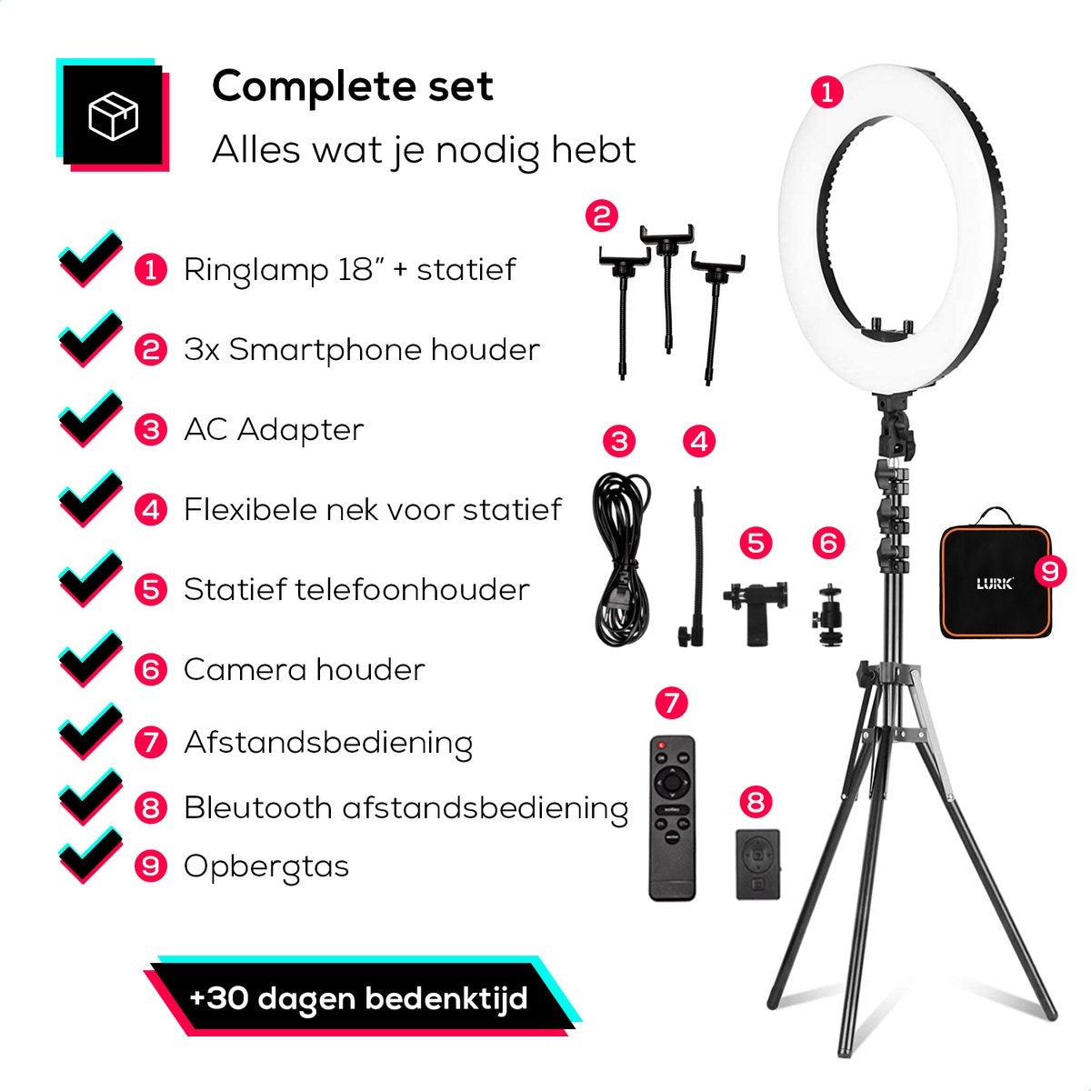 LURKÂ® Ringleuchten-Set PRO 18 Zoll - Verstellbares Stativ & Fernbedienung - LED - Geeignet für Smartphone und (Action-)Kamera