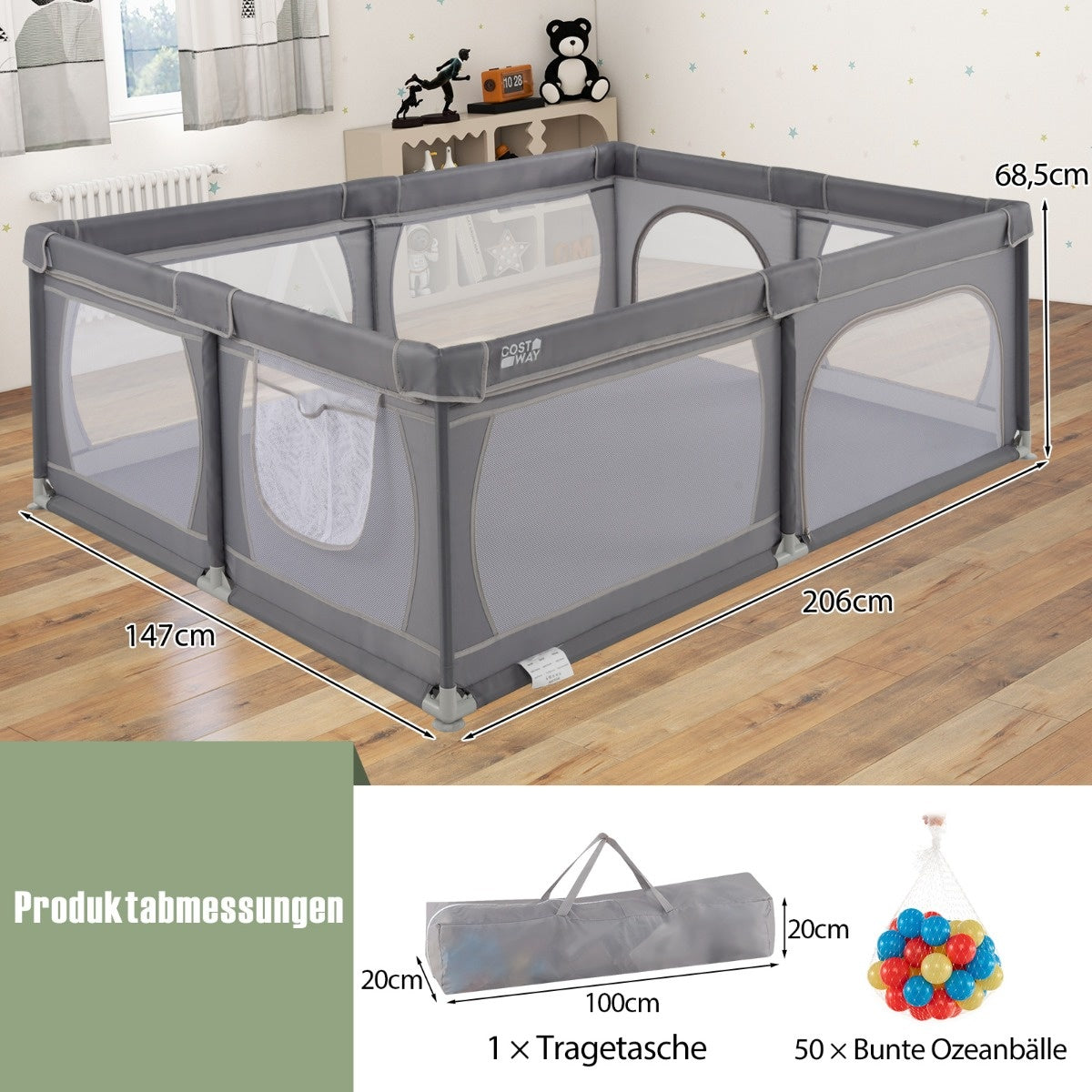 Coast Baby Laufstall mit 50 Bällen und 2 Türen und atmungsaktivem Netz Dark Gray