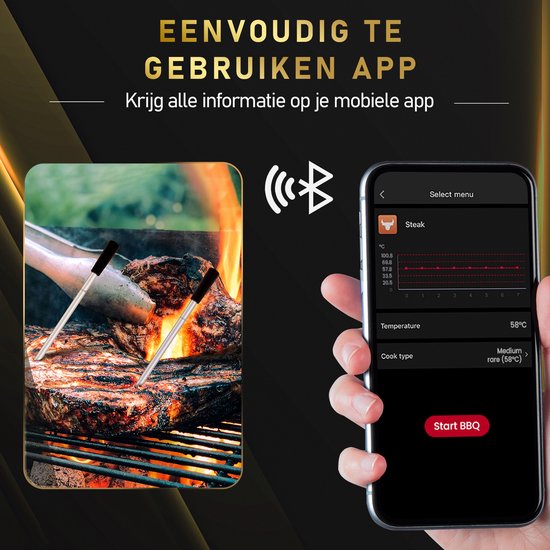 MostEssential Smart Meat Thermometer - Drahtlos - 80M Reichweite - 36 Stunden Betriebszeit - Bluetooth 5.2 - 2000mAh Batterie - Doppelsonde Edition