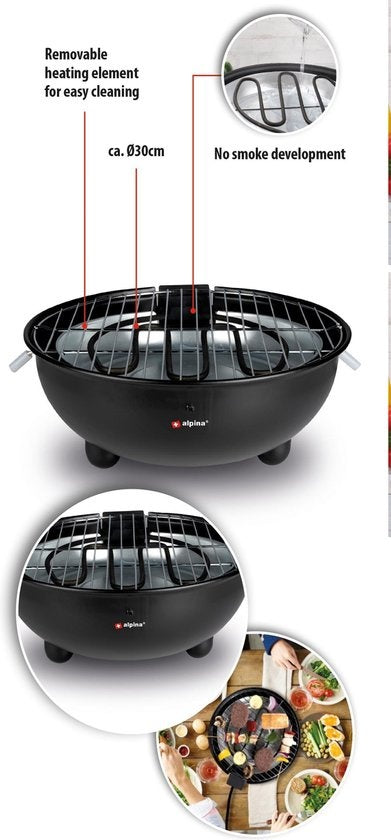 alpina Electric BBQ - Tischgrill - No Smoke - Indoor Grillen - 1250W - Ã˜ 30 Cm - Schwarz