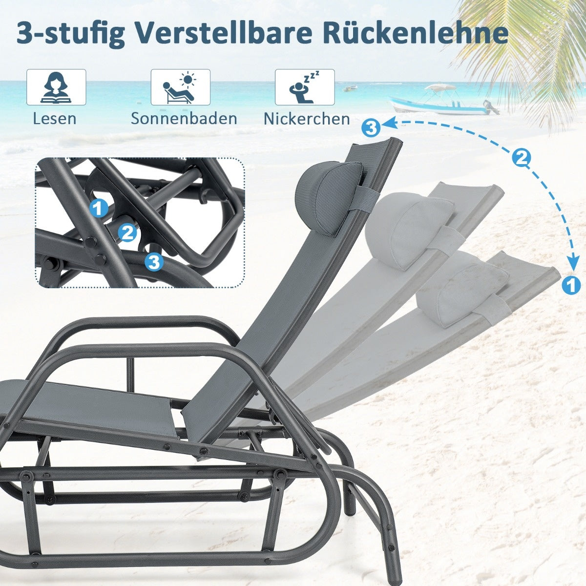 Coast Sonnenliege mit Schaukelfunktion Gartenliege mit verstellbarer Rückenlehne grau