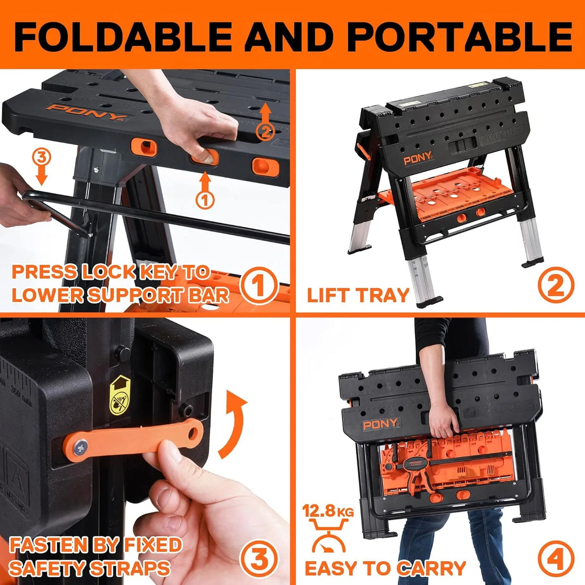 Pony 2-in-1 klappbare Werkbank und Sägebock – verstellbar – schwarz