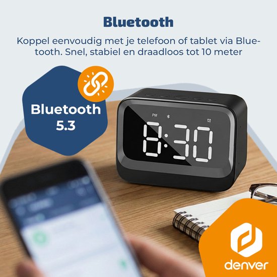 Denver Digitaler Wecker - Bluetooth-Lautsprecher - Doppelter Alarm - LCD-Anzeige - EC54B - Schwarz