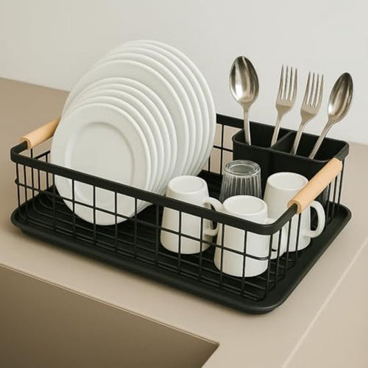 JOHSEATY Geschirrständer mit Holzgriff - 42 x 32 cm, rostfrei mit Besteckhalter, Geschirrständer, Geschirrständer, Küchengeschirrständer, Geschirrständer