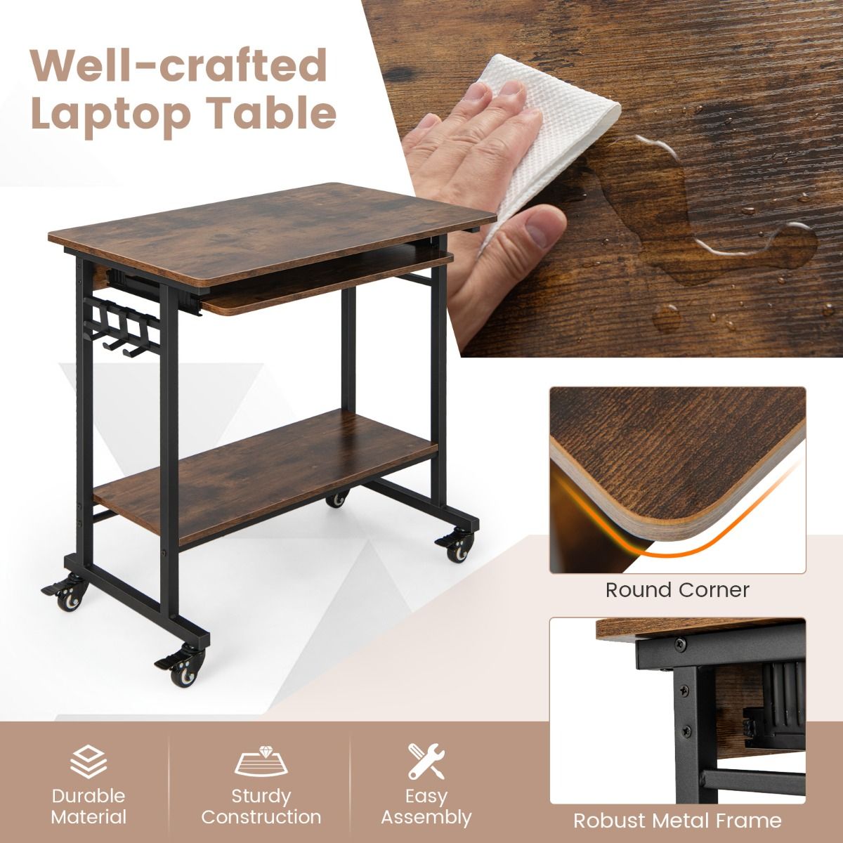 Coast Mobiler Computertisch – ausziehbare Tastaturablage – Ablagefach und Haken – rustikales Braun 80 x 50 x 78 cm