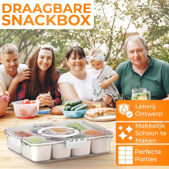 Posity Snack Box - Snack Box mit Fächern - Mit Deckel und Griff - 8 Fächer - Unterwegs - Aufbewahrungsbox - Kunststoff - Weiß
