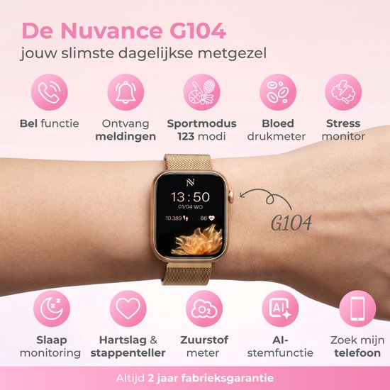 Nuvance Smartwatch für Damen – Schrittzähler-Uhr für Damen – Herzfrequenzmesser – Sportuhr – Kompatibel mit iOS/Android – AMOLED – Inkl. 5 Armbänder – Gold