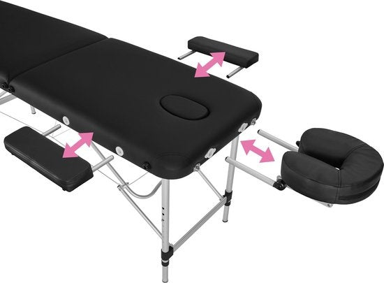 tectake - Aluminium-Massagetisch 2 Zonen, Massagetisch 4cm Matratze, klappbarer Massagetisch, höhenverstellbarer Aluminium-Massagetisch, tragbarer Massagetisch inklusive Zubehör, Aluminium-Kopfstütze, Armlehne und Tragetasche - schwarz