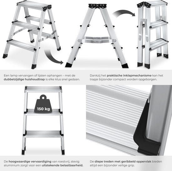 tectake® Doppelseitige Aluminium-Küchenleiter – 3 Sprossen – 58 cm – Stabile Leiter – Zusammenklappbare Trittleiter – Rutschfeste Haushaltsleiter