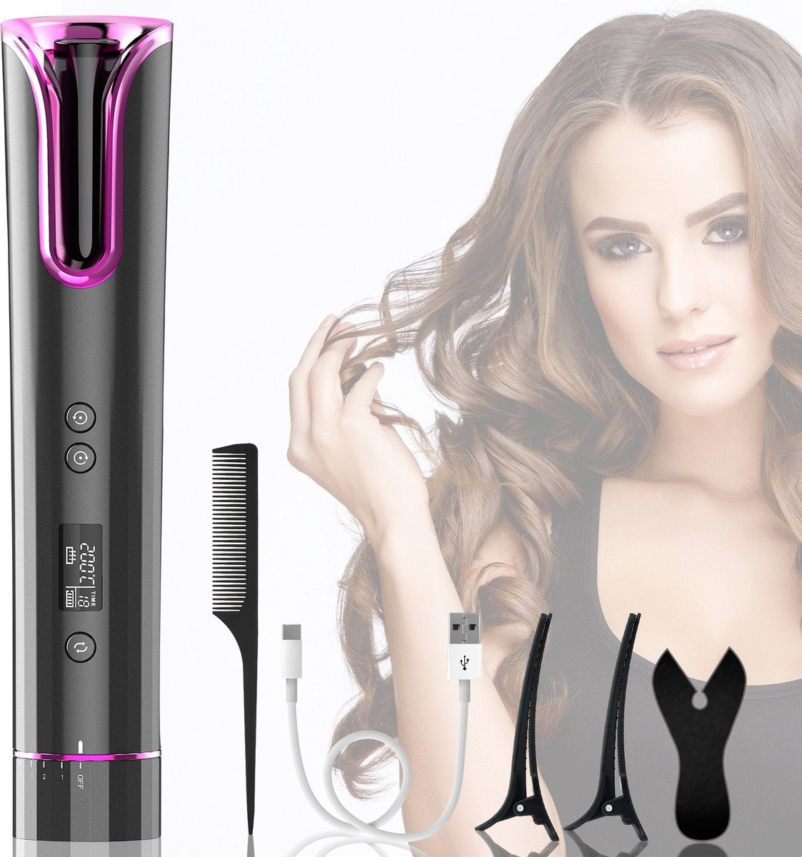 MoreWomenÂ® Automatischer Lockenstab - Kabelloser Lockenstab - 150Â°C-200Â°C - Wiederaufladbar & mit Einsätzen