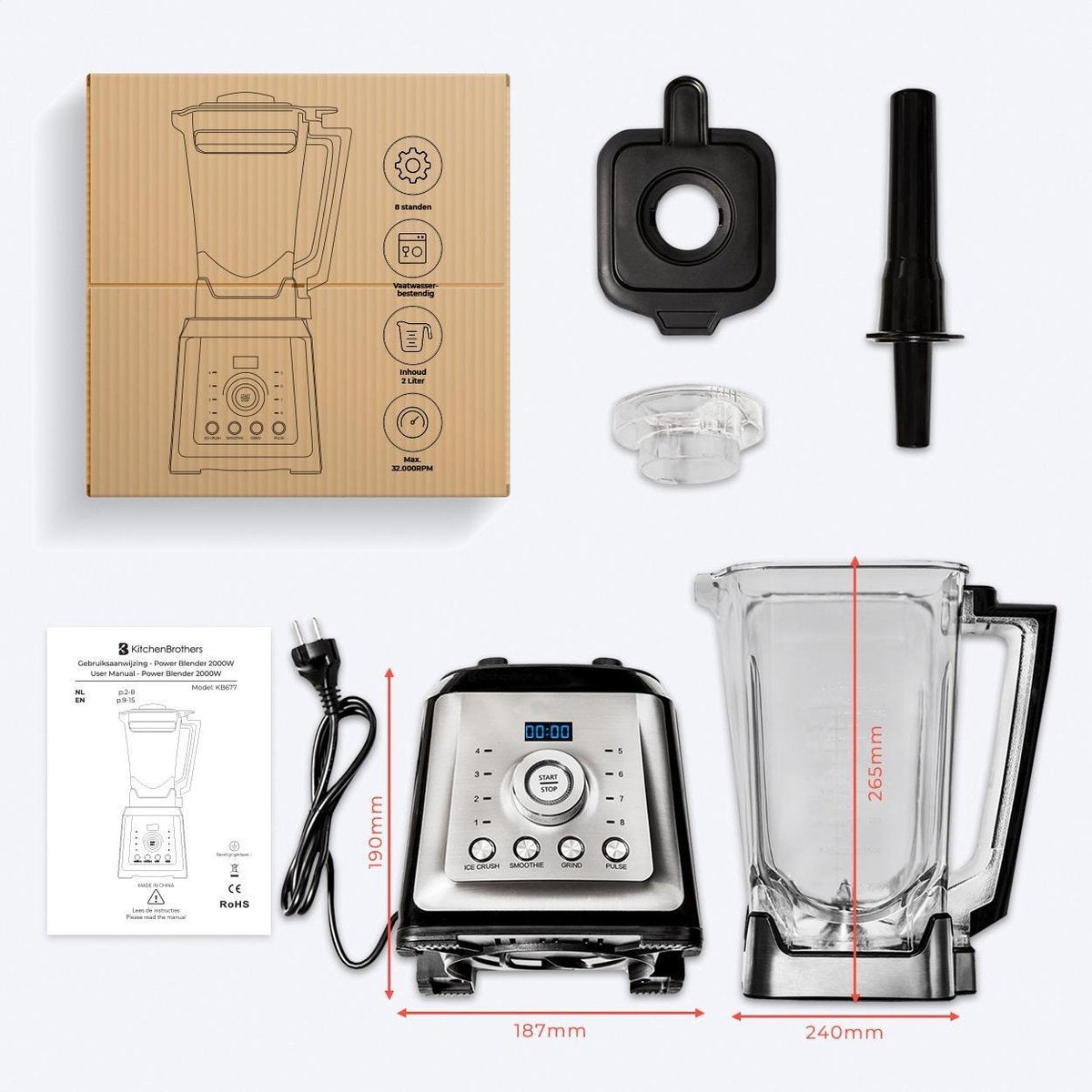 KitchenBrothers - Power Blender - Mixer - 2000W - 2L - Smoothie Maker - 8 Stufen/4 Geschwindigkeiten - Edelstahl