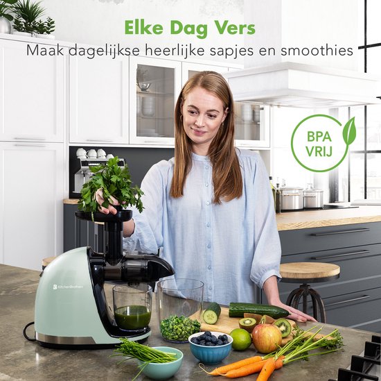 KitchenBrothers Slowjuicer - Entsafter - Gemüse- und Obstpresse - 700ml - mit Fruchtfleischbehälter - Saftpresse - Geschenk zum Muttertag - Pastellgrün