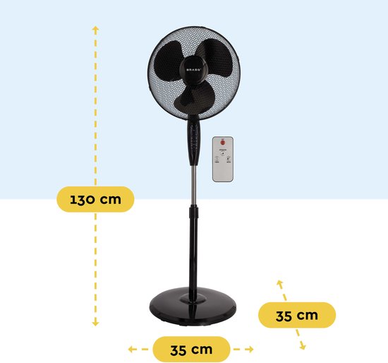 BRASQ Stativventilator - 40 cm - Schwarz - Mit Fernbedienung - Timer - Schlafmodus - Höhenverstellbar - Leiser Ventilator - 40 Watt