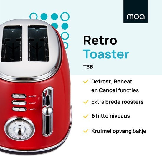 MOA Retro-Toaster - 6 Heizstufen - 2 extra breite Schlitze - 850W - Aufwärm- und Auftaufunktion - Rot - T3R