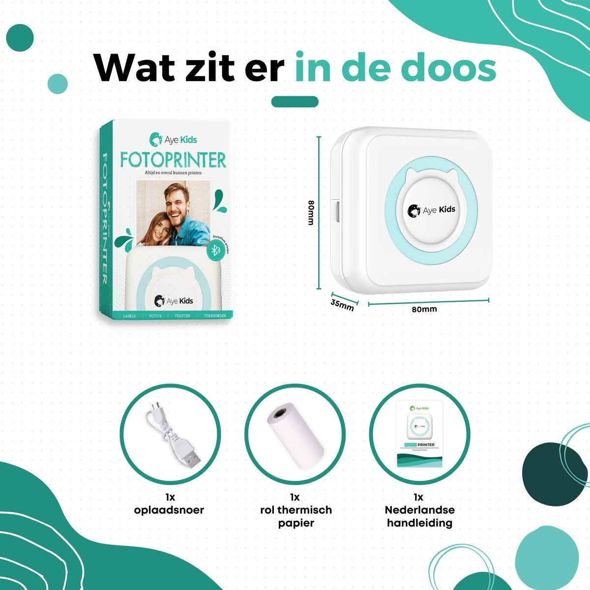 AyeKids Fotodrucker - Bluetooth - Kabellos - Inkl. 1 Rolle Fotopapier - Mini-Drucker - Taschendrucker - Blau