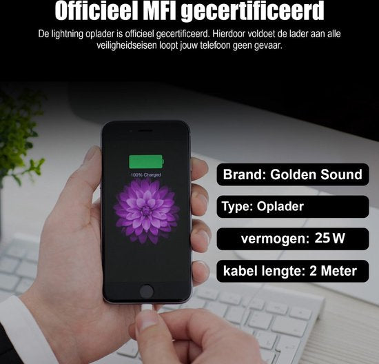 Golden Sound 25W Original Schnellladegerät - Geeignet für Iphone und Ipad Ladegerät - 2 Meter Ladestecker - Ladegerät geeignet für 14/13/12/11/Xr/Xs/Xs Max/8/8 Plus/ Pro