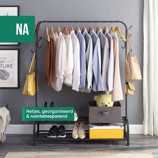 Avalo Industrial Clothes Rack - Metall - 110x33x150 CM - Schwarz - Lagerung für Schuhe - Garderobe Rack mit Haken