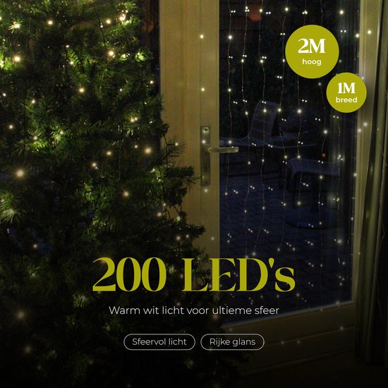 Giftmas Lichtvorhang - 200 LEDs Warmweiß - 1x2M - Für Tür oder Durchgang - Innen und Außen - Fernbedienung - Stimmungsvolle Lichter