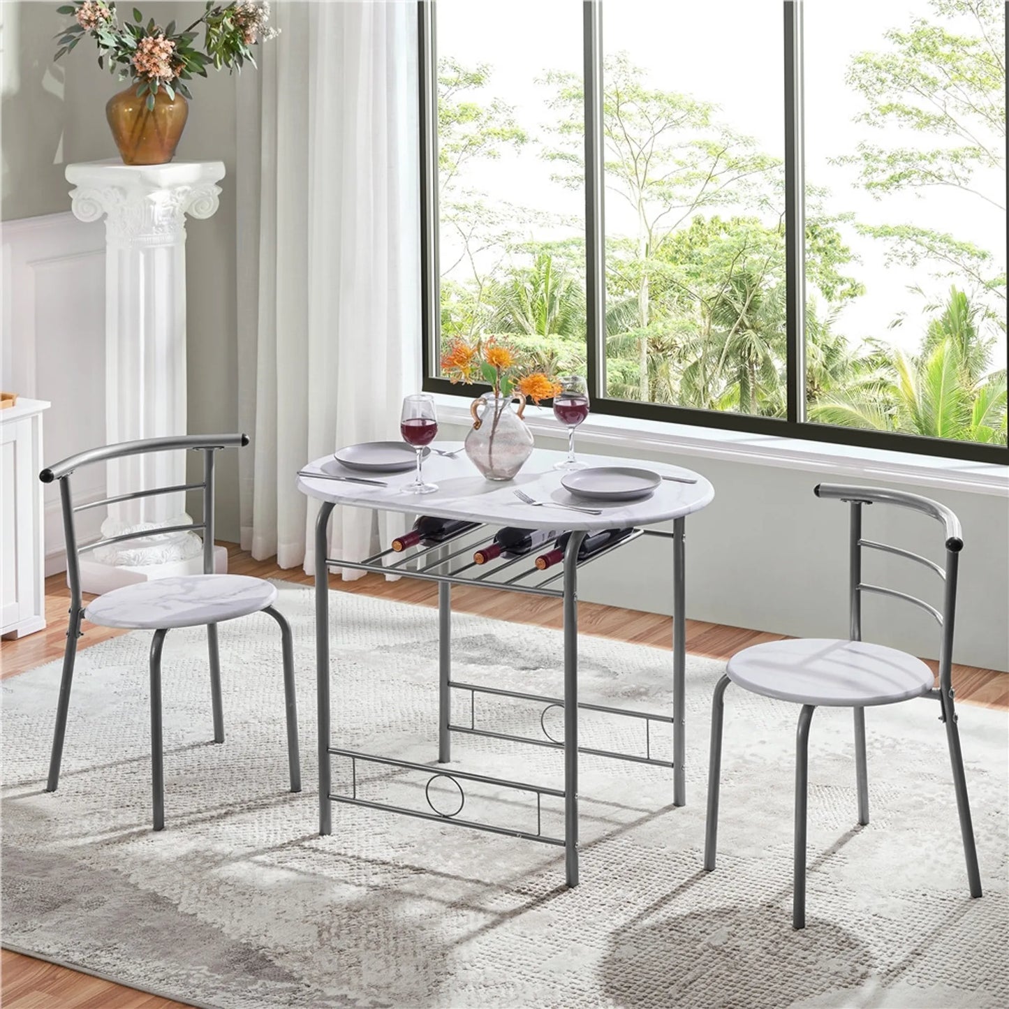 Yaheetech Esstisch 3-teilig - mit Stauraum unter der Tischplatte und zwei Stühlen mit Rückenlehne und platzsparendem Design - für Küche und Balkon - weißes Mdf und Metall - 90 x 53 x 75,5 cm