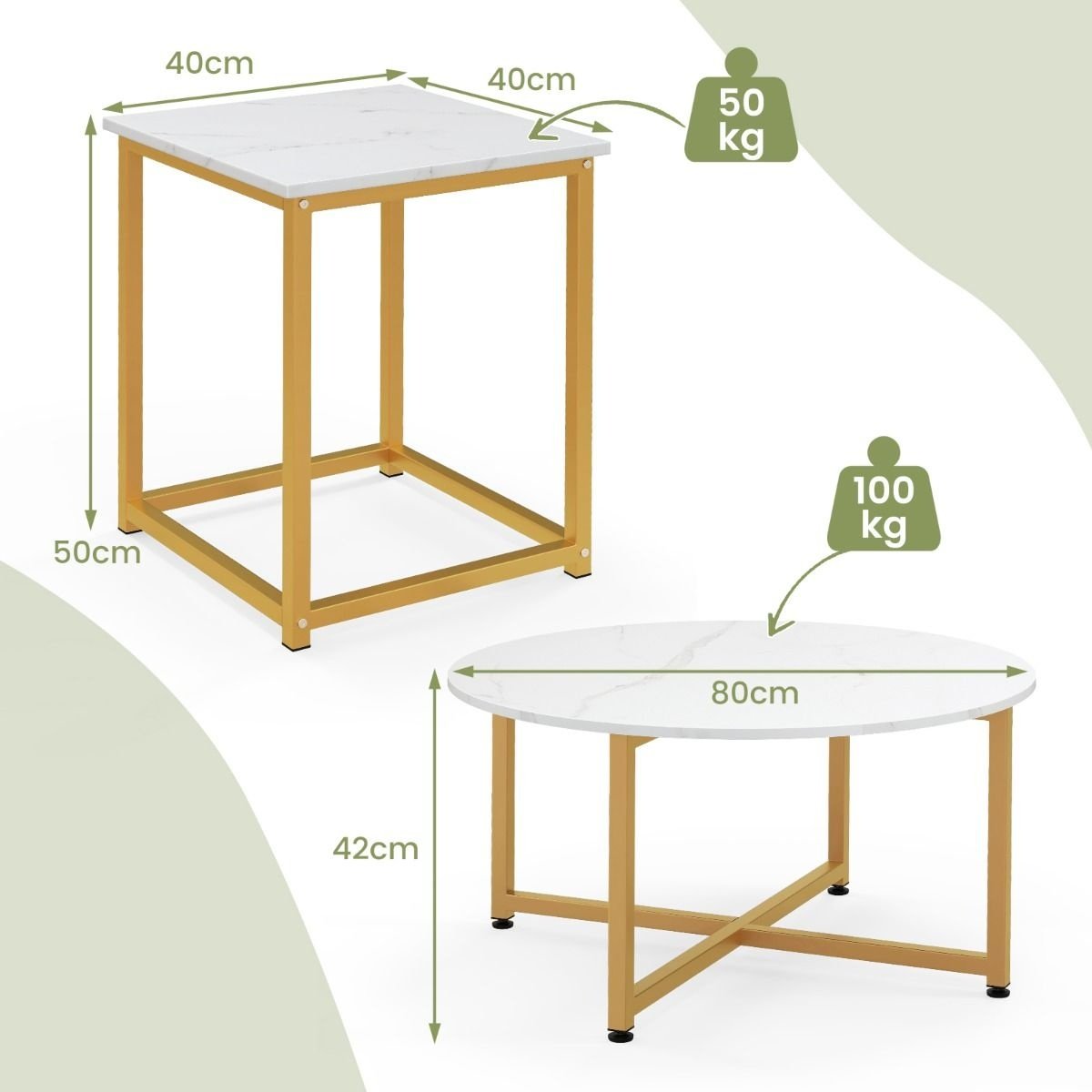 Coast 3-teiliges Couchtisch-Set - Weiß/Gold - Rund 80x42cm - Quadratisch 40x40x50cm