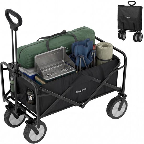 LifeGoods Klappbarer Handwagen – 94 l – 70 kg Tragkraft – 90 x 50 x 58 cm – Schwenkbare Räder – Klappbarer Handwagen mit waschbarer Abdeckung – Schwarz