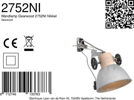 Klemmstrahler und Wandleuchte Gearwood 2752NI Nickel, E27-Fassung, trendiges Design, aus Holz und Metall, für den Innenbereich, dreh- und neigbar